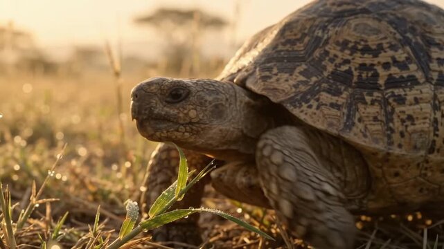 Tracking shot of tortoise crawling across grassy savanna with low handheld pan and closeup at sunrise