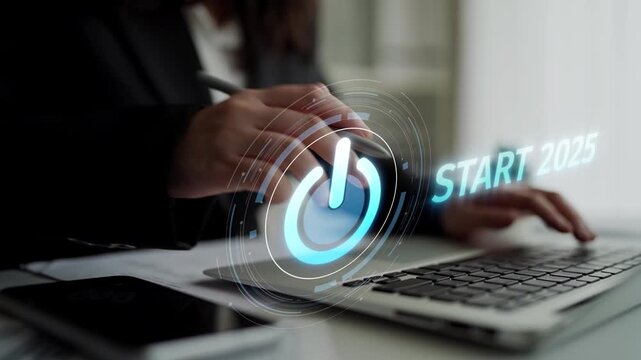 Start 2025 concept with futuristic power button symbolizing fresh beginnings, innovation, and digital transformation. Start 2025, new goals, and start 2025 initiative. Muxer