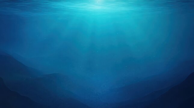 A serene underwater scene showing sunlight penetrating deep blue ocean waters with silhouettes of distant underwater mountains or seafloor.