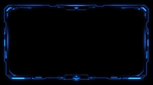 Futuristic blue neon digital interface frame with sci-fi design elements on a black background.