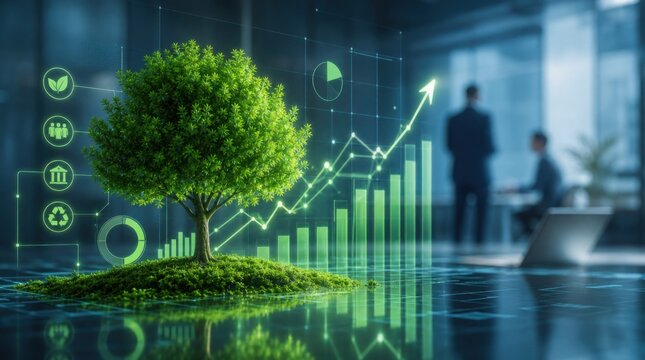 A thriving tree on green moss symbolizes sustainable growth, with digital graphs and businesspeople in the background reflecting eco-friendly economic progress.