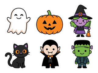 Fototapeta premium Set of cute cartoon Halloween characters including ghost, witch, pumpkin, and cat