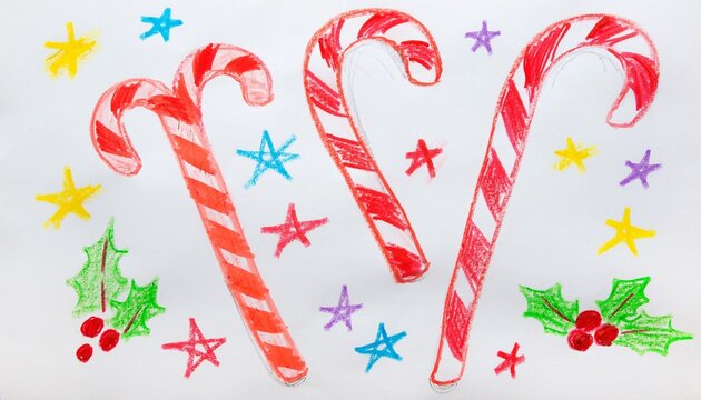 Childlike crayon drawing of several red and white striped Christmas candy canes arranged in a playful pattern.