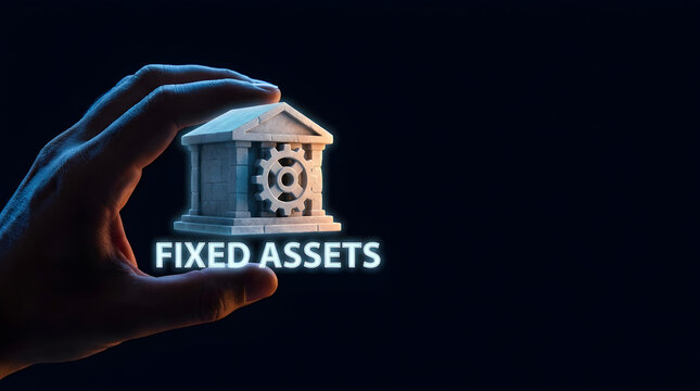 A human hand holding a glowing building icon with a gear representing fixed assets business concept