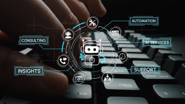 Hands Typing on Keyboard with Futuristic Icons Displaying Automation, AI Services, Consulting, Insights, and Support Concepts for Digital Business Strategy. Entropy.