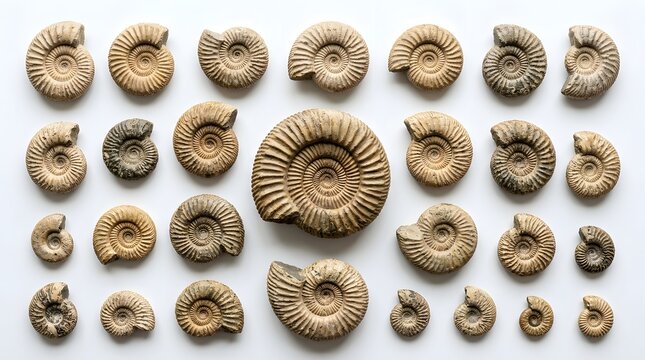 Ammonite Fossil Collection on White Background
