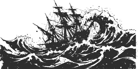 Antique sailing vessel battling tempestuous ocean waves during a storm with dramatic ink splash effect and white background © JillorRahaman