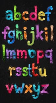 Colorful painted lowercase alphabet letters on dark background.