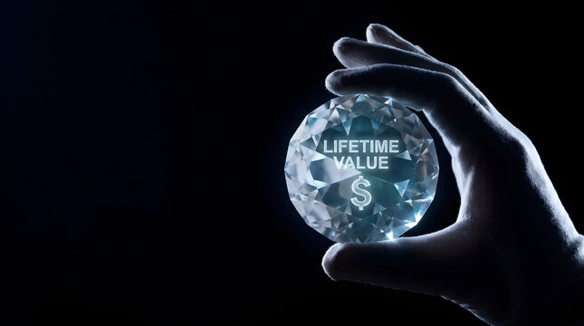 A gloved hand holding a glowing crystal diamond with lifetime value text against a black background