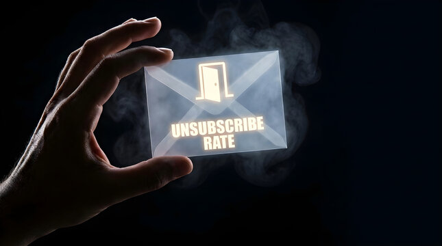 Hand holding a glowing transparent envelope icon with unsubscribe rate text on dark background