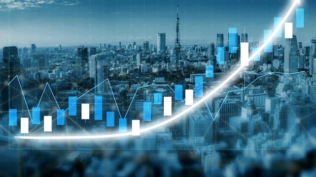 A stunning urban skyline featuring a dynamic financial graph that represents growth and market trends, set against a breathtaking cityscape in blue tones. Copula