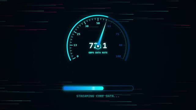 Digital speedometer gauges showing speed increase with data stream background