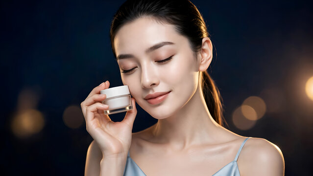 Beautiful Asian woman holding skincare cream jar, elegant female model with glowing skin for beauty product advertising, luxury cosmetics concept