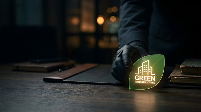 Person in black gloves placing a green infrastructure icon on a dark wooden office desk