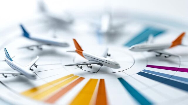 Several airplane models are arranged on a circular chart with colored bars, suggesting a concept related to air travel logistics or business strategy