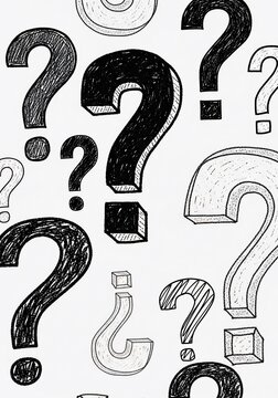 Hand-drawn question marks, many sizes and styles, white background, concept of inquiry