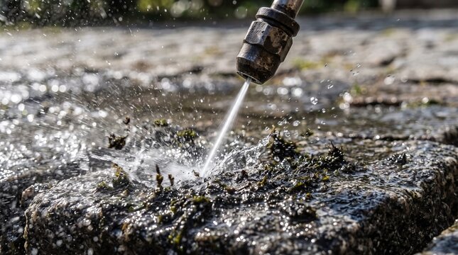 Pressure washer cleaning old dirty pavement with high pressure water jet