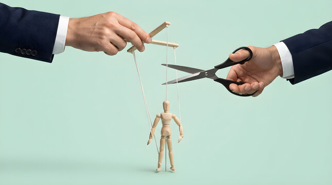 business control and manipulation concept with puppet strings and scissors
