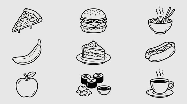Food and beverage icon collection, hand-drawn outline style, pizza, burger, fruits, desserts, coffee cups, minimalist sketches.