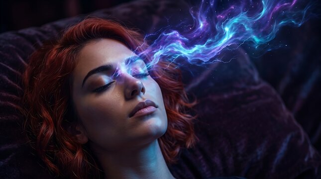 Woman with red hair experiencing surreal cosmic energy flowing from her eyes while sleeping in a dark room