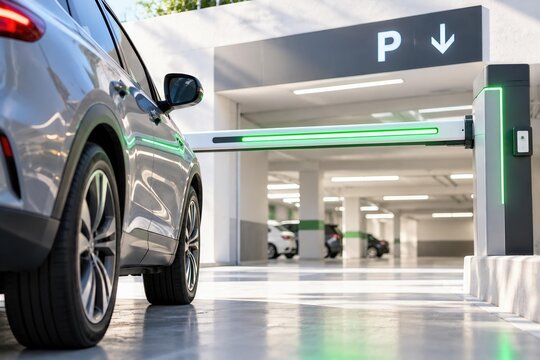 Driver entering underground parking. Urban driving, vehicle access, daily transportation.