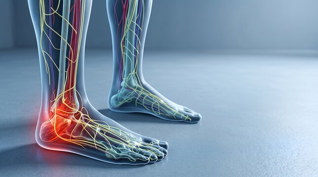 Internal anatomy of human feet and ankles showing nerves and bones with inflammation in the ankle joint