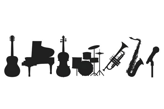 
Set of 7 musical instruments black silhouettes - acoustic guitar, grand piano, violin cello, drum set, trumpet, saxophone and microphone isolated on white backgroun