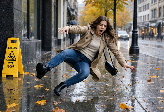 Woman slips on wet sidewalk, startled