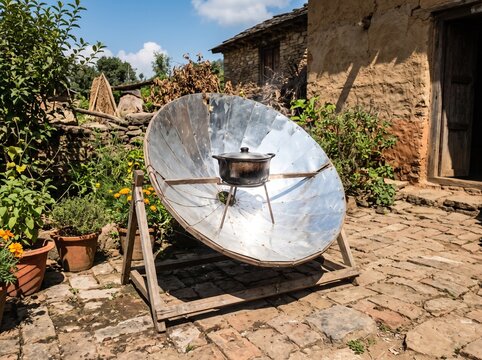 Solar cooker parabolic reflector with cooking pot, sustainable solar energy technology in rural village, eco-friendly outdoor cooking equipment