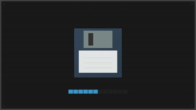 Floppy disk saving progress loading bar on a dark computer screen display