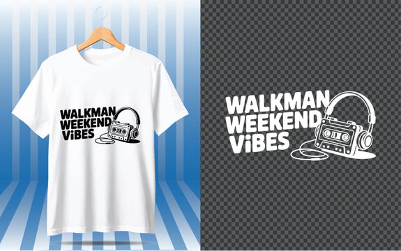 White t-shirt featuring a print of a vintage cassette player with headphones and the text walkman weekend vibes in black ink