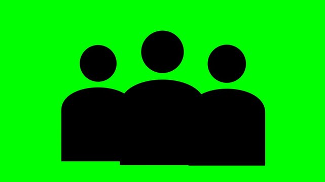 Black silhouette icon of three people representing a team or group isolated on a green screen background