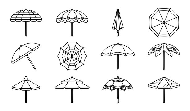 Collection of various line art umbrellas in different shapes and styles