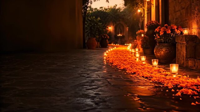 Marigold petal path with candles for D&iacute;a de Muertos with copy space