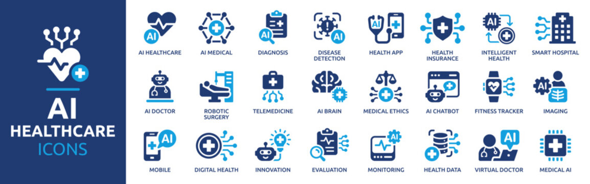 AI Healthcare Icon Set containing Diagnosis, Robotic Surgery, Telemedicine and Medical Imaging. Vector Solid Icon Collection