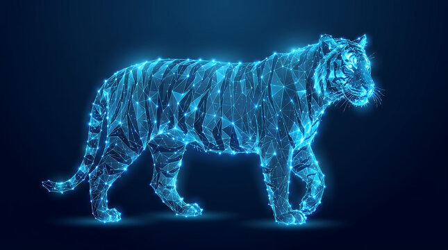Futuristic vector illustration of a walking tiger formed by glowing blue low poly wireframe, mesh lines, and luminous dots. Perfect for themes on artificial intelligence