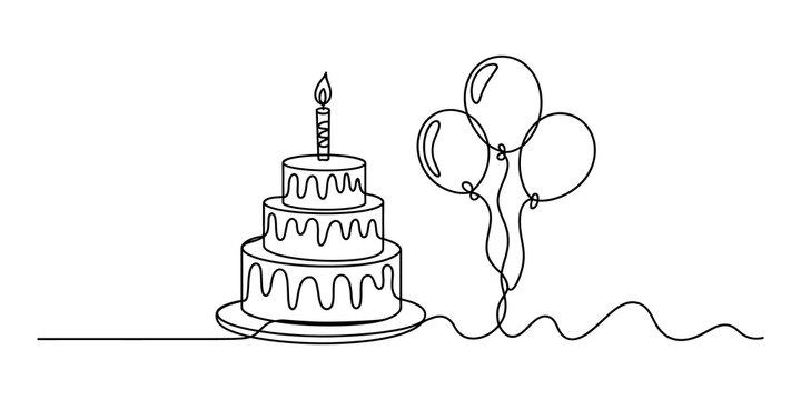 Continuous one line drawing of a birthday cake with candles and balloons