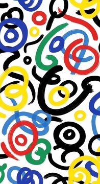 Abstract colorful squiggles and circles pattern on white background