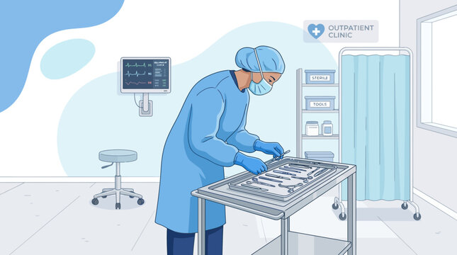 Nurse preparing medical instruments in an outpatient clinic