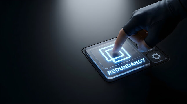 A gloved hand pressing a glowing button labeled with the word redundancy on a console