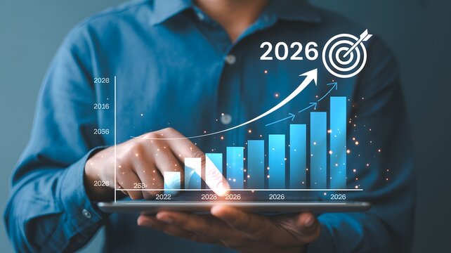 Professional business analytics visual showing 2026 growth chart and target on digital tablet held by businessman
