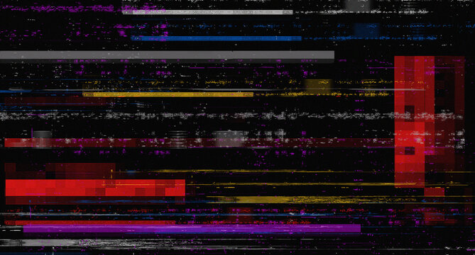 Abstract Digital Glitch Screen Background with Pixel Noise, Signal Interference, and Cyberpunk Color Lines