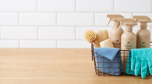 Eco friendly cleaning products in wire basket on wooden countertop