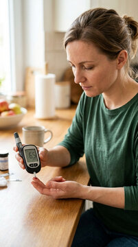 Woman checking blood sugar levels with a glucose meter at home diabetes management concept