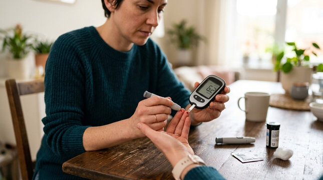 Woman checking blood sugar levels with glucose meter at home table diabetes care concept