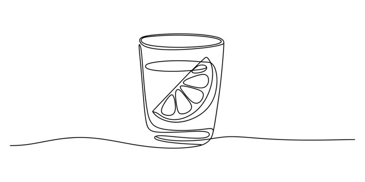 Continuous one line drawing of a glass of water with a slice of fresh lemon