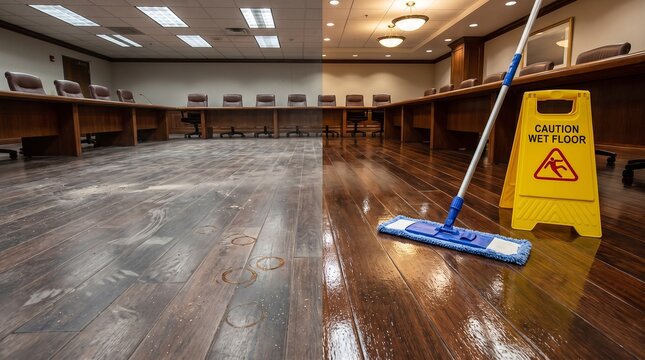 Professional wooden floor cleaning and polishing comparison in a conference room