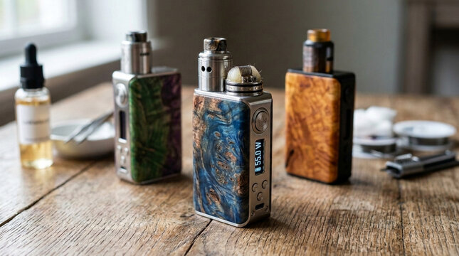 Vape Mods and E liquid on Wooden Table Electronic Cigarette Gear Set Up