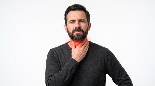 Middle aged man touching his sore throat with red glowing pain area