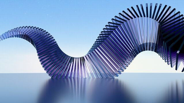 Abstract Blue Glass Fan Wave Arch on Reflective Surface, gradient glass, glassmorphism